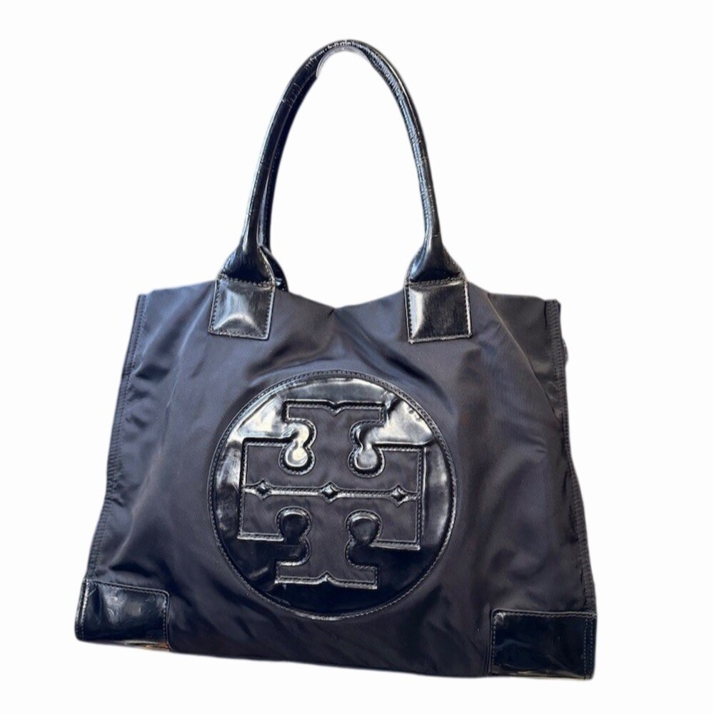 Tory Burch Ella Tote Bag Womens Large Black Oversized Logo Snap Closure
